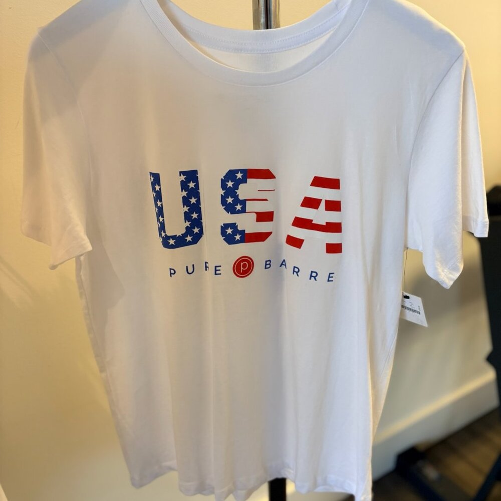NWT Pure Barre USA Tee Shirt, White, Full length Tee